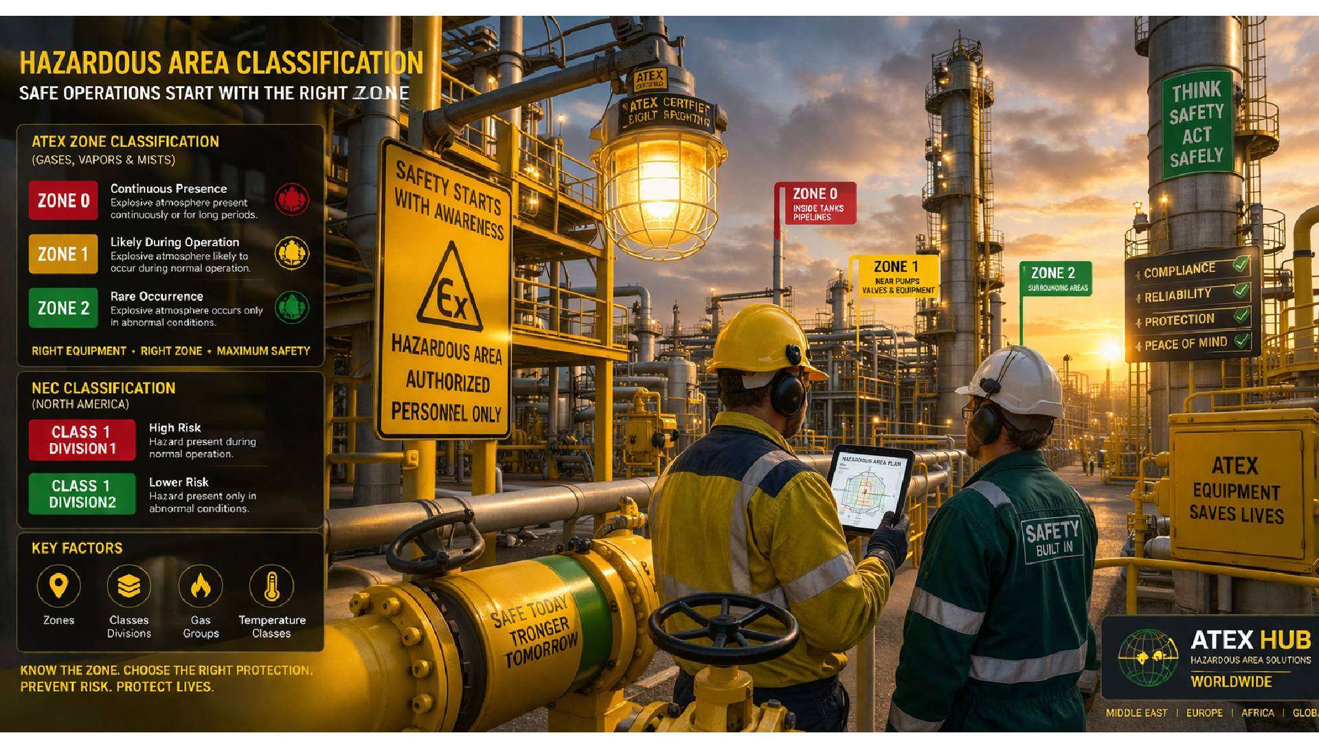 Industrial hazardous area zone classification with explosion proof equipment and safety workers